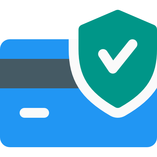 Blue card with a green shield and white check mark on a white background