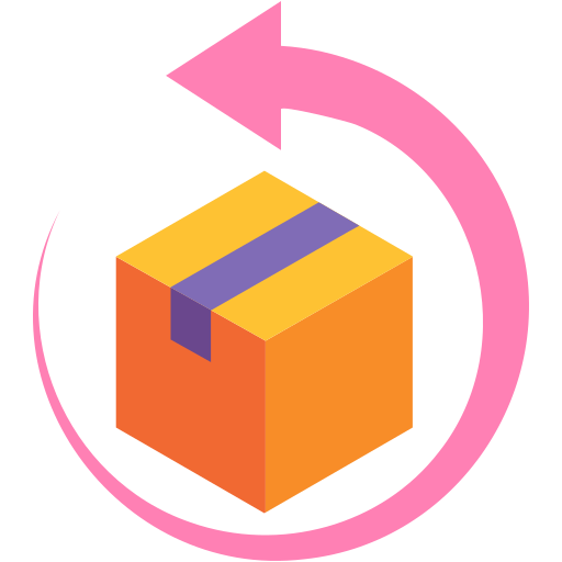 Orange box with a purple stripe inside a pink circle with an arrow, on a white background
